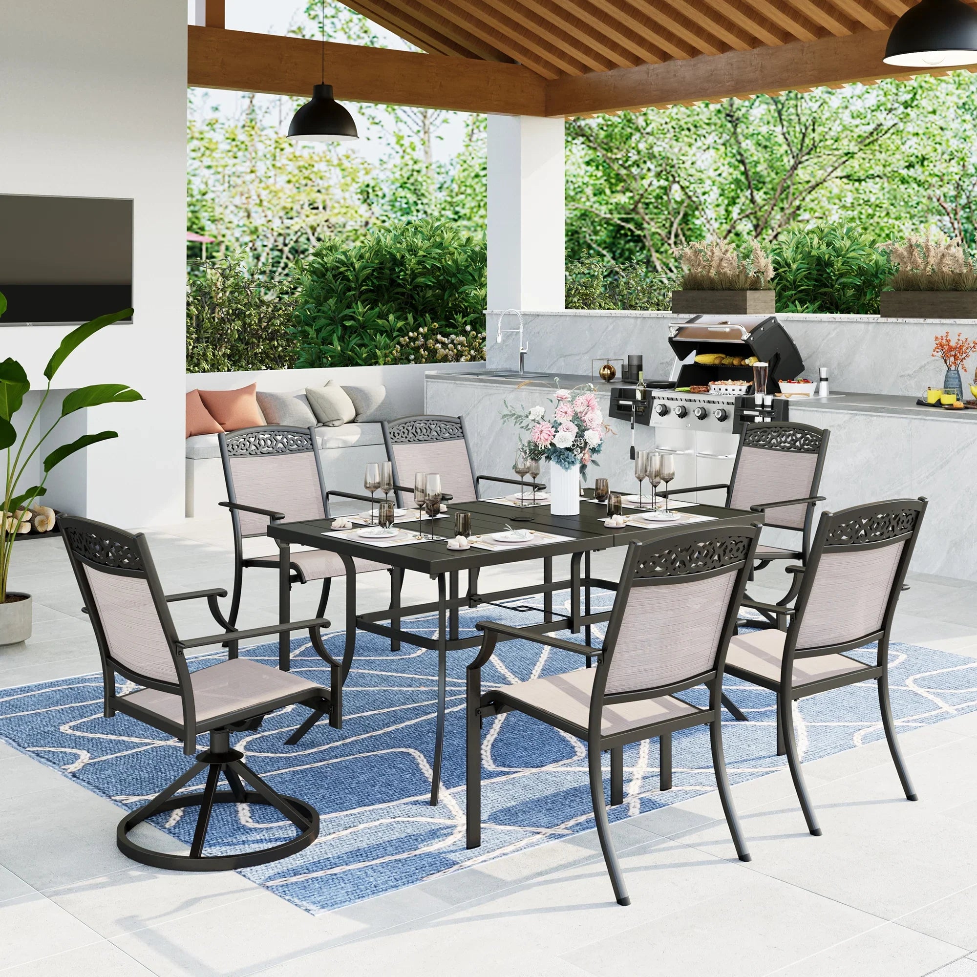 MF Studio 7-Piece Outdoor Patio Dining Set With 6 Aluminum Textilene A ...