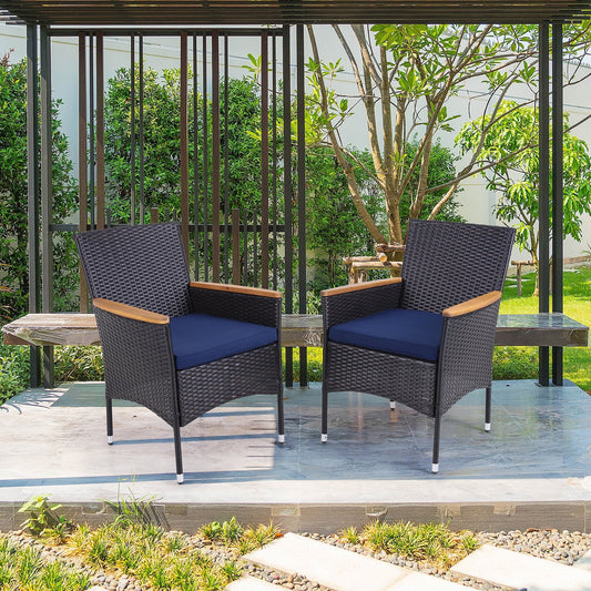 MF Studio 2 Pieces Outdoor Rattan Dining Chairs, All Weather PE Rattan Wicker Chairs with Cushion and Wooden Armrest