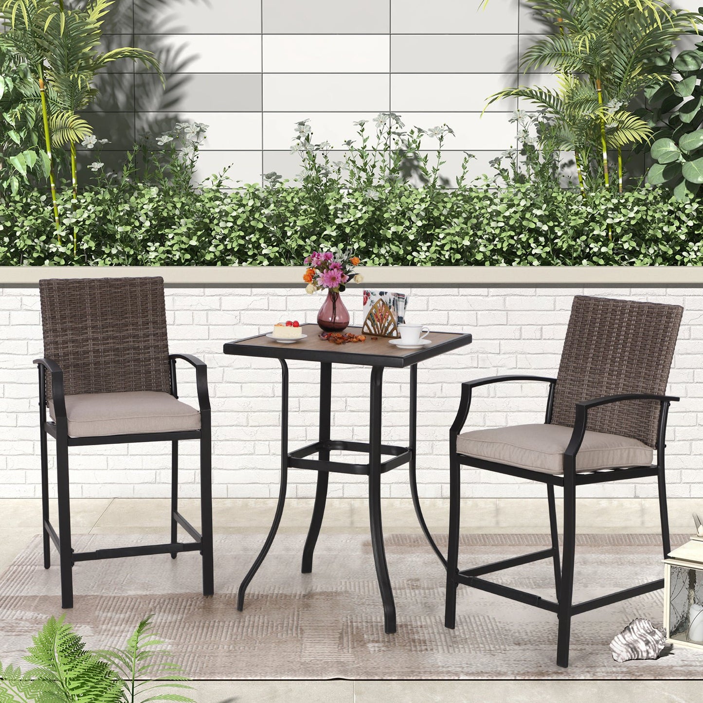 MF Studio Set of 3 Outdoor Patio Rattan Bar Stools Set with Cushioned Seat & Bar Height Table, Brown & Beige