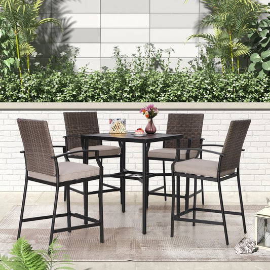 MF Studio 4-seat Outdoor Patio Bar Stools Set with Rattan Cushioned Bar Stools & Bar Height Table, Brown & Beige