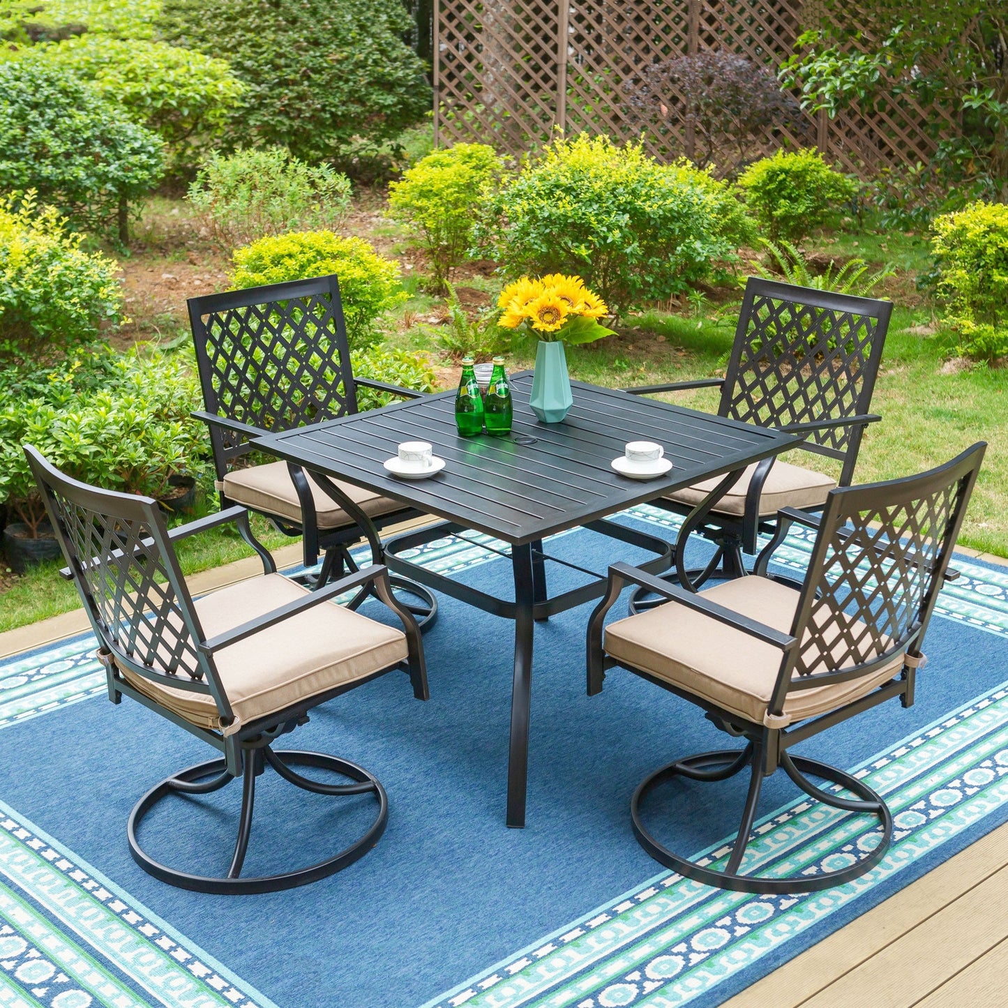 Summit Living 5-Piece Outdoor Patio Dining Set with Swivel Chairs & 4-Person Table, Black Metal Frame & Beige Cushion