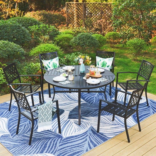 Summit Living 7-Piece Outdoor Patio Dining Set with 6-Person Round Table & Stacking Chairs, Mesh Pattern, Black