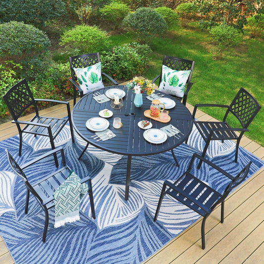 Summit Living 7-Piece Outdoor Dining Set with Large Round Patio Table & Stacking Chairs, Metal Steel, Black