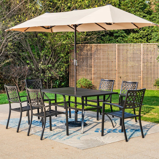 MF Studio Set of 8 Outdoor Dining Set with 13 ft Double-Sided Umbrella, Stacking Chairs & 6-Person Table, Mesh Back, Black Metal Frame & Beige Umbrella