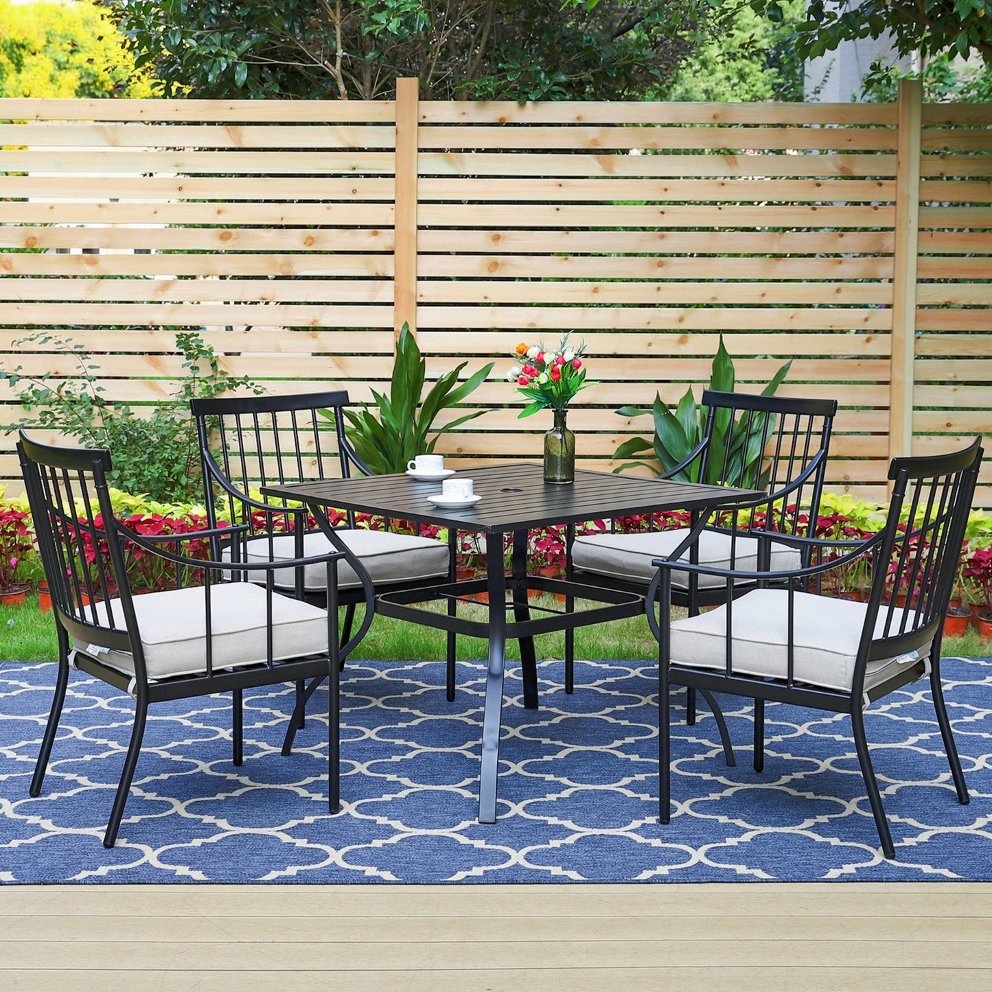 MF Studio 5-Piece Outdoor Dining Set with Cushioned Chairs & Square Table for 4-Person, Black & Beige