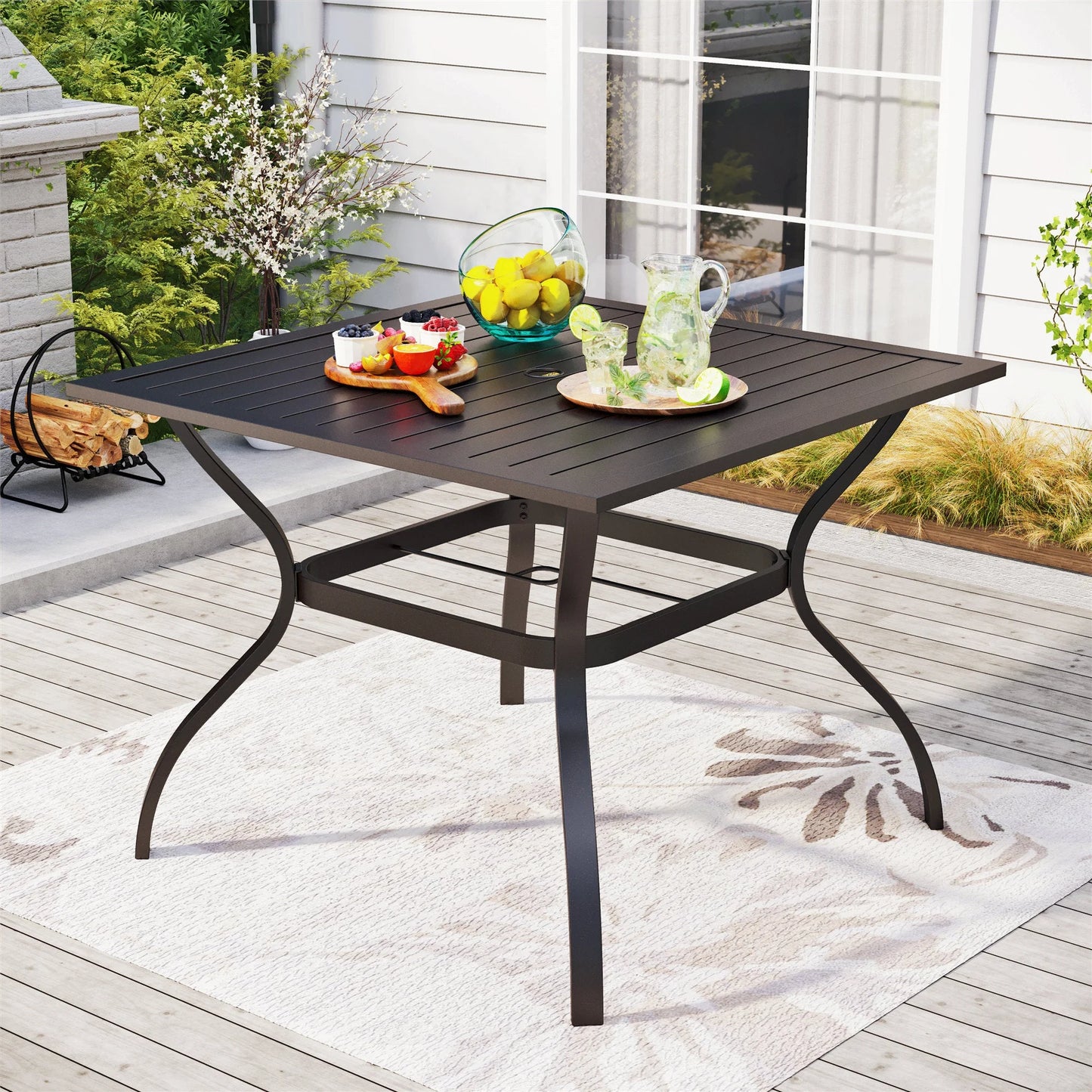 Summit Living 37'' Outdoor Patio Slatted Square Dining Table with Umbrella Hole for 4-Person, Black