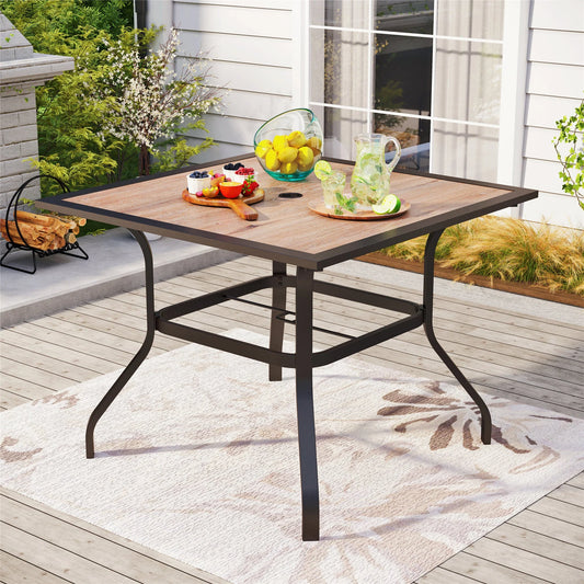 Summit Living Outdoor Dining Table with Faux Wood Top & 1.9" Umbrella Hole for 4-Person, Black