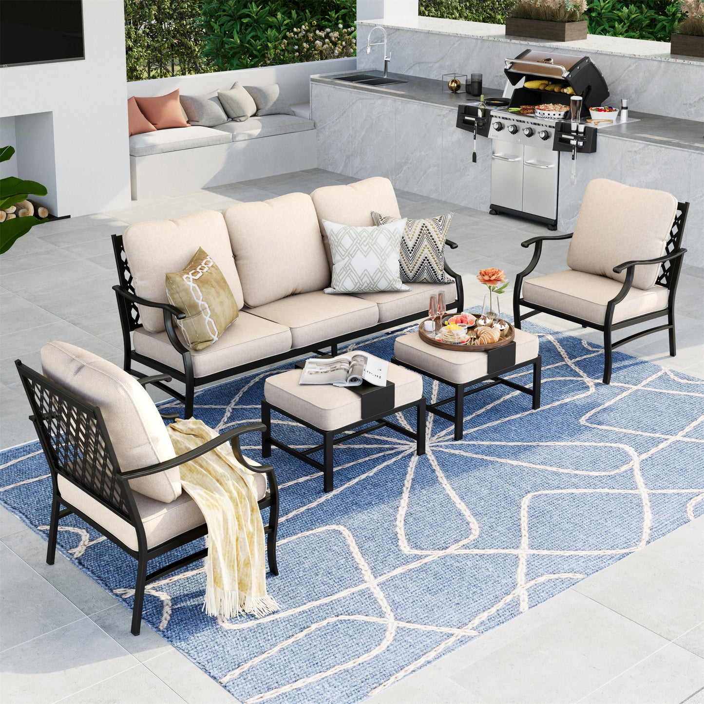 Summit Living 7-Seat Patio Furniture Outdoor Conversation Set Steel Sectional Sofa with Beige Cushion