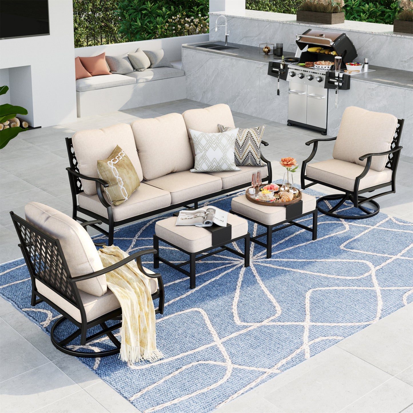 Summit Living 7-Seat Patio Furniture Outdoor Conversation Set Steel Sectional Sofa with Beige Cushion