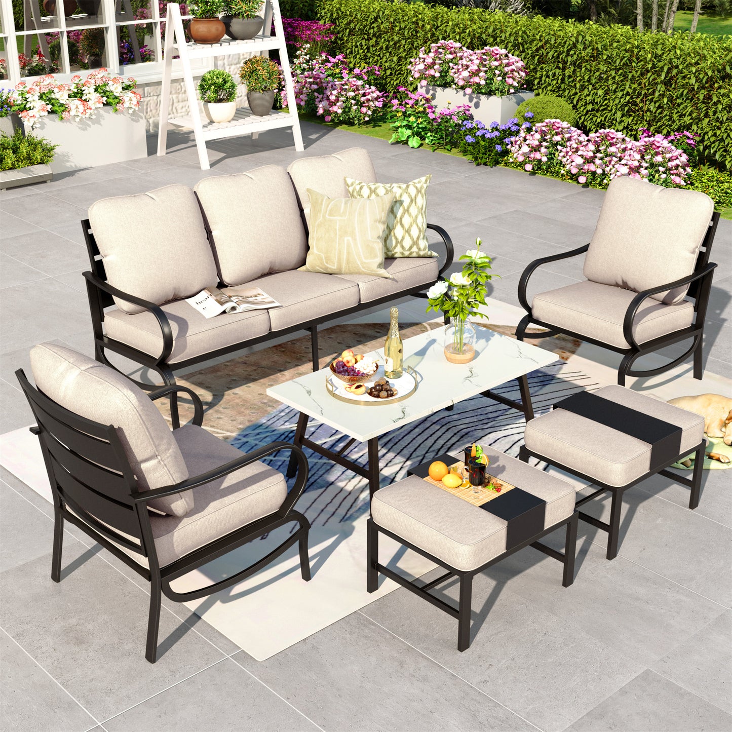 Summit Living 6 PCS Outdoor Conversation Set for 7 People, Steel Patio Furniture Sectional Sofa Set with Beige Cushion