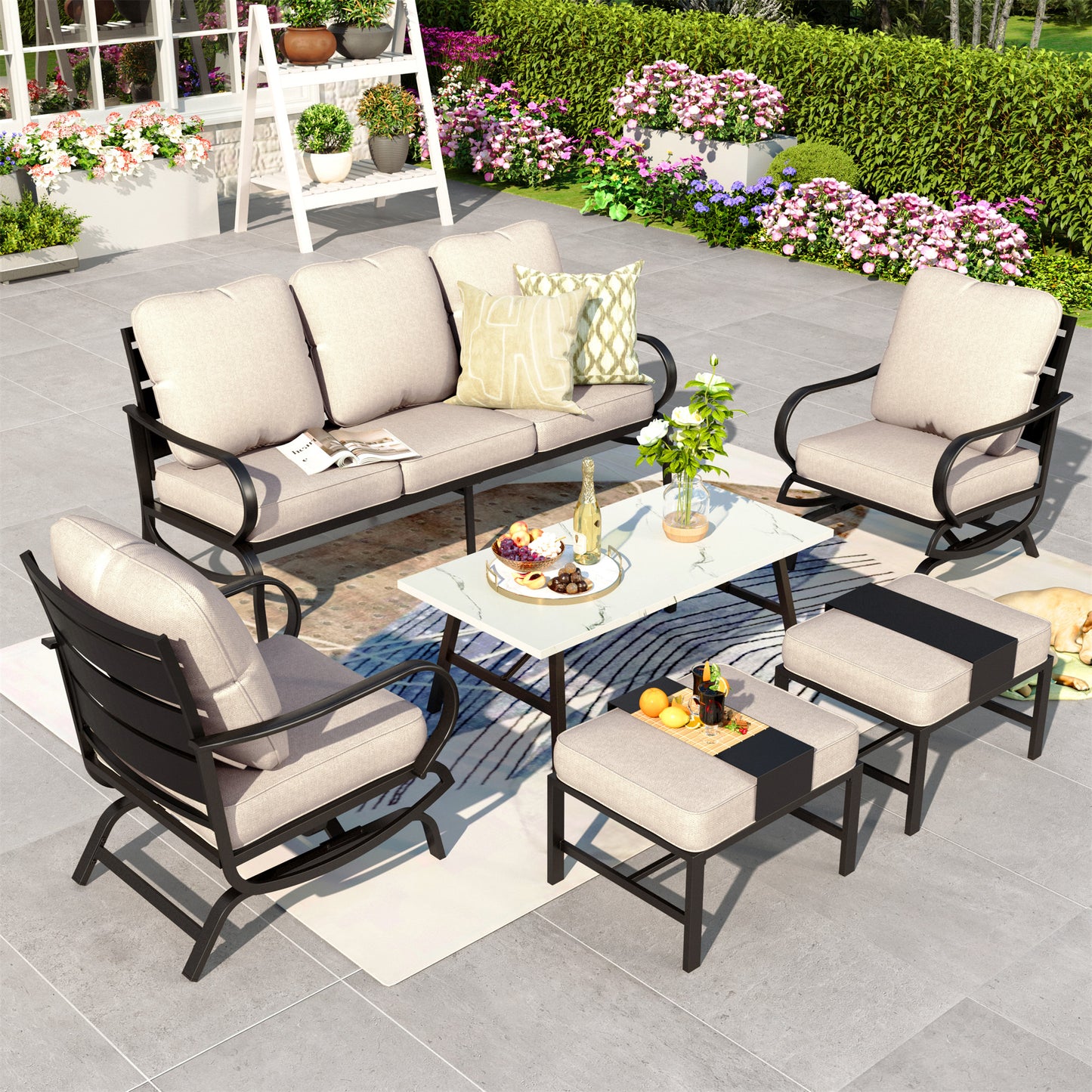 Summit Living 6 PCS Outdoor Conversation Set for 7 People, Steel Patio Furniture Sectional Sofa Set with Beige Cushion