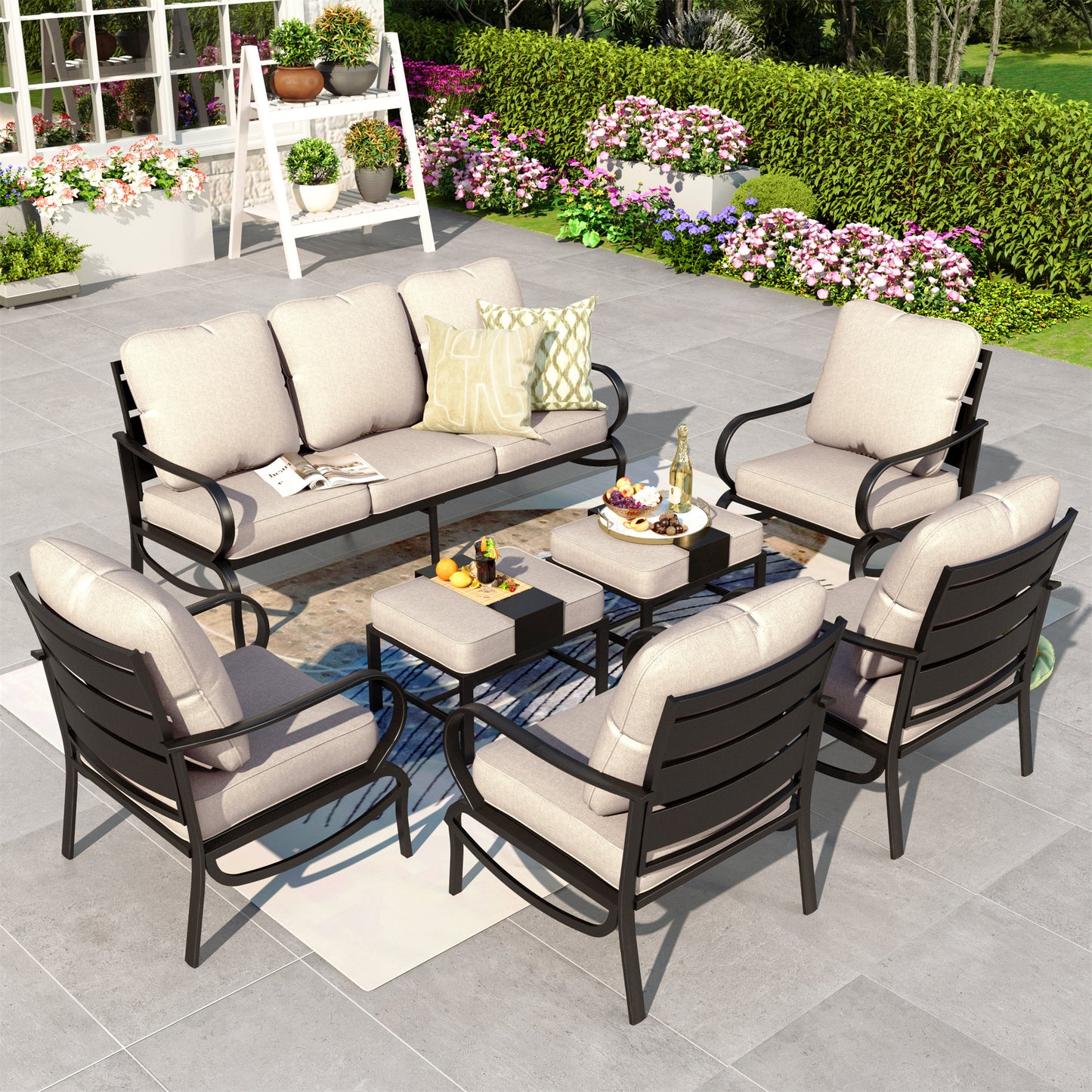 Summit Living 7 Pcs Outdoor Conversation Set, Patio Metal Furniture Sofa Set for 9 Person with Beige Cushion