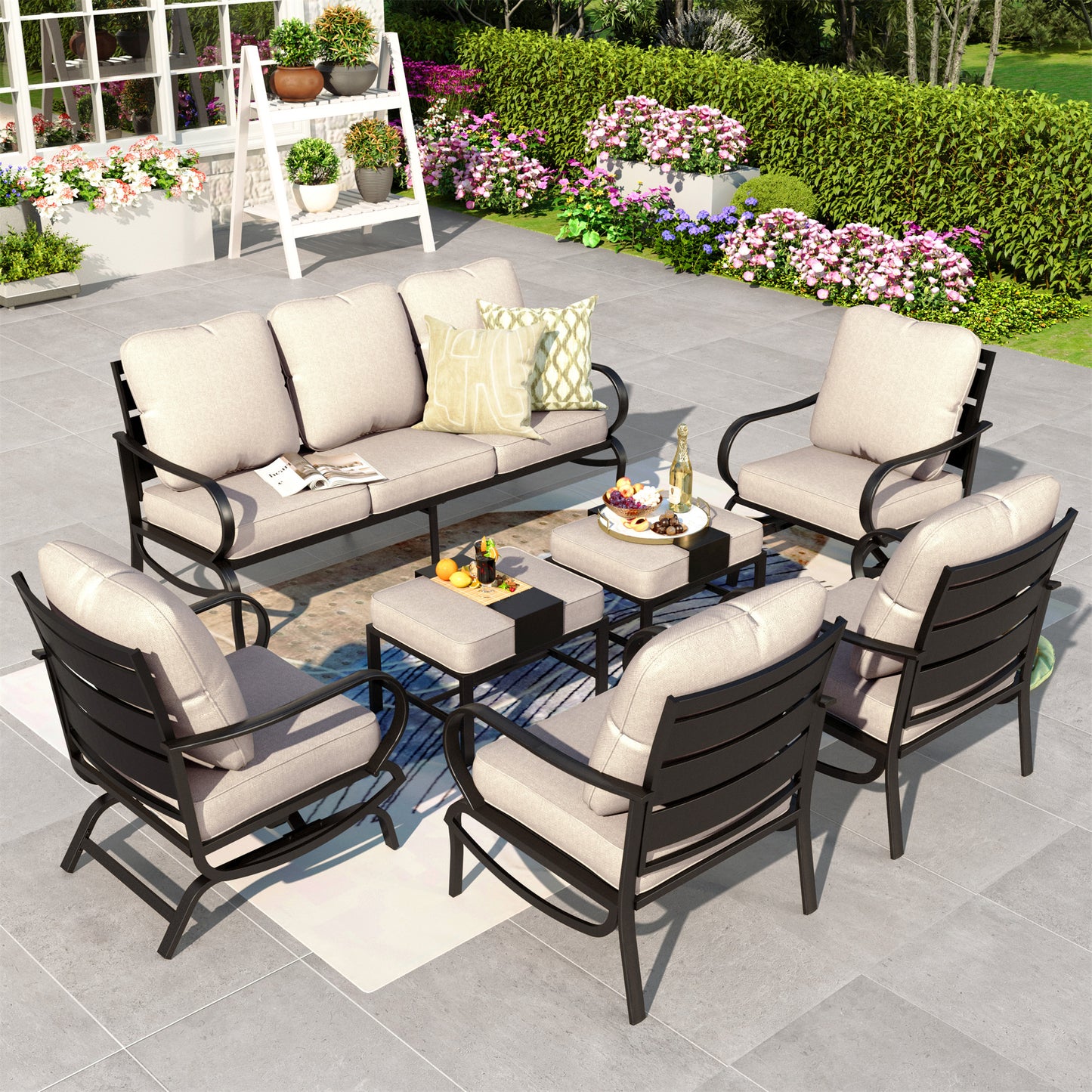 Summit Living 7 Pcs Outdoor Conversation Set, Patio Metal Furniture Sofa Set for 9 Person with Beige Cushion