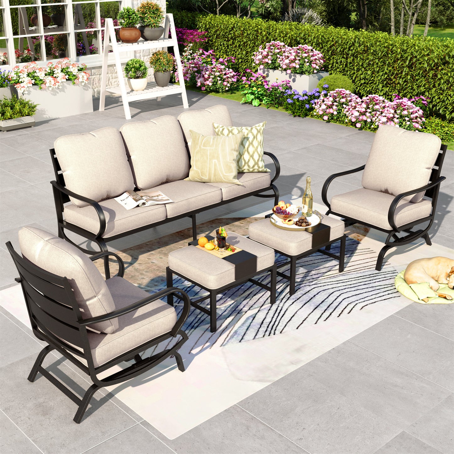 Summit Living 5 Piece Patio Conversation Set for 7 Person, Steel Sofa Outdoor Furniture Set, Beige Cushion