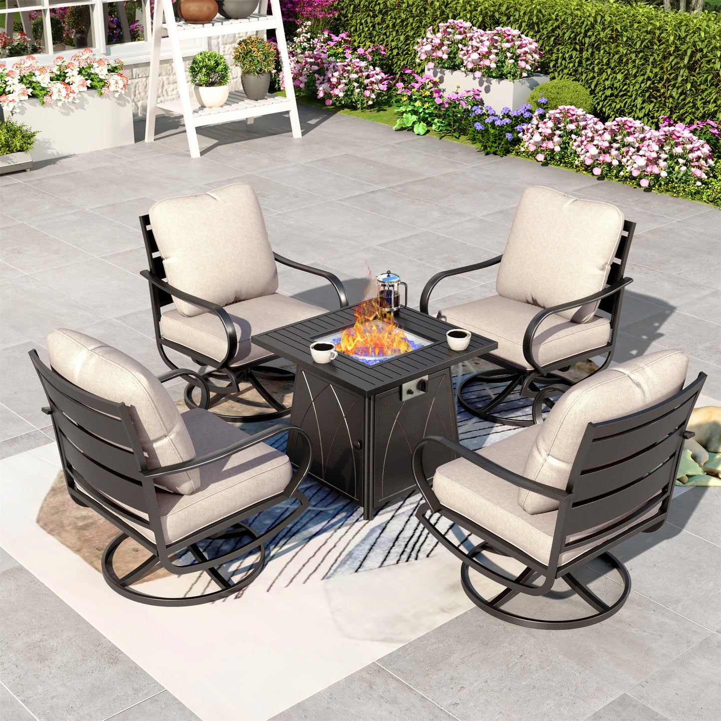 Summit Living 5 PCS Outdoor Furniture with 28 Fire Pit Table Patio Conversation Set for 4 People, Beige Cushion