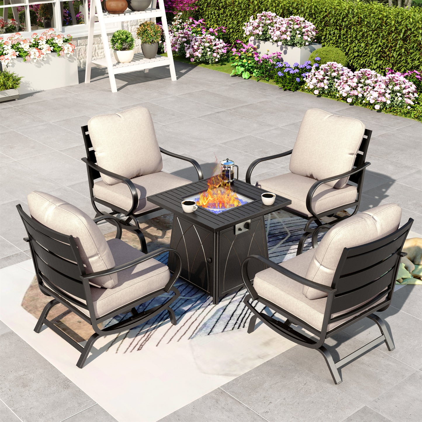 Summit Living 5 PCS Outdoor Furniture with 28 Fire Pit Table Patio Conversation Set for 4 People, Beige Cushion