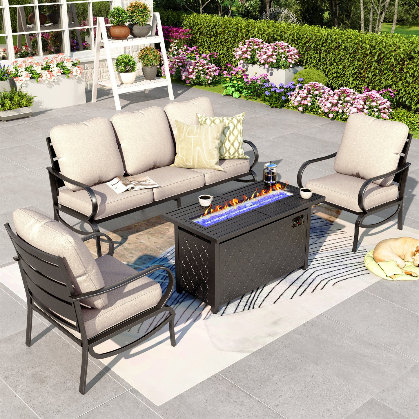 Summit Living 4 Pieces Patio Conversation Set with 45" Fire Pit Table Outdoor furniture Sectional Sofa for 5 Person, Beige Cushions