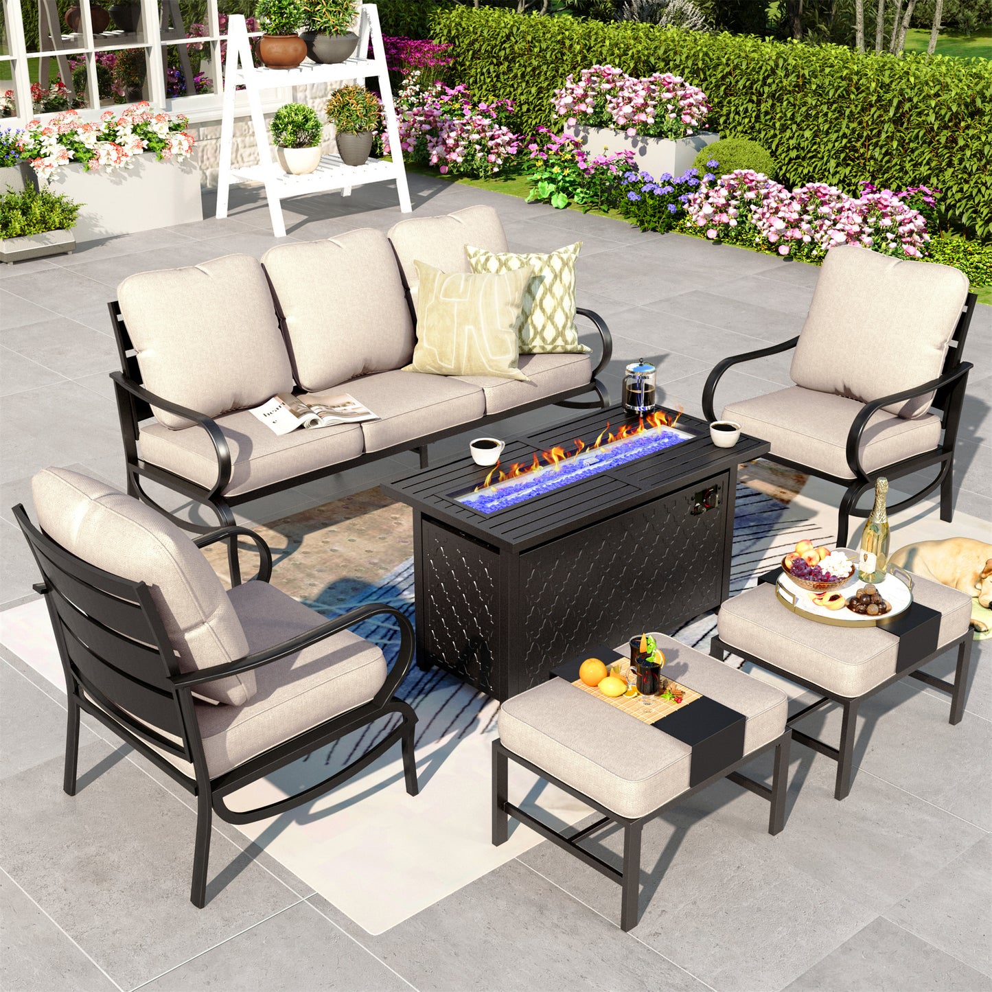 Summit Living 6 Pieces Patio Conversation Set with 45" Rectangle Fire Pit, Outdoor Metal Furniture Sofa for 7 Person, Beige Cushions