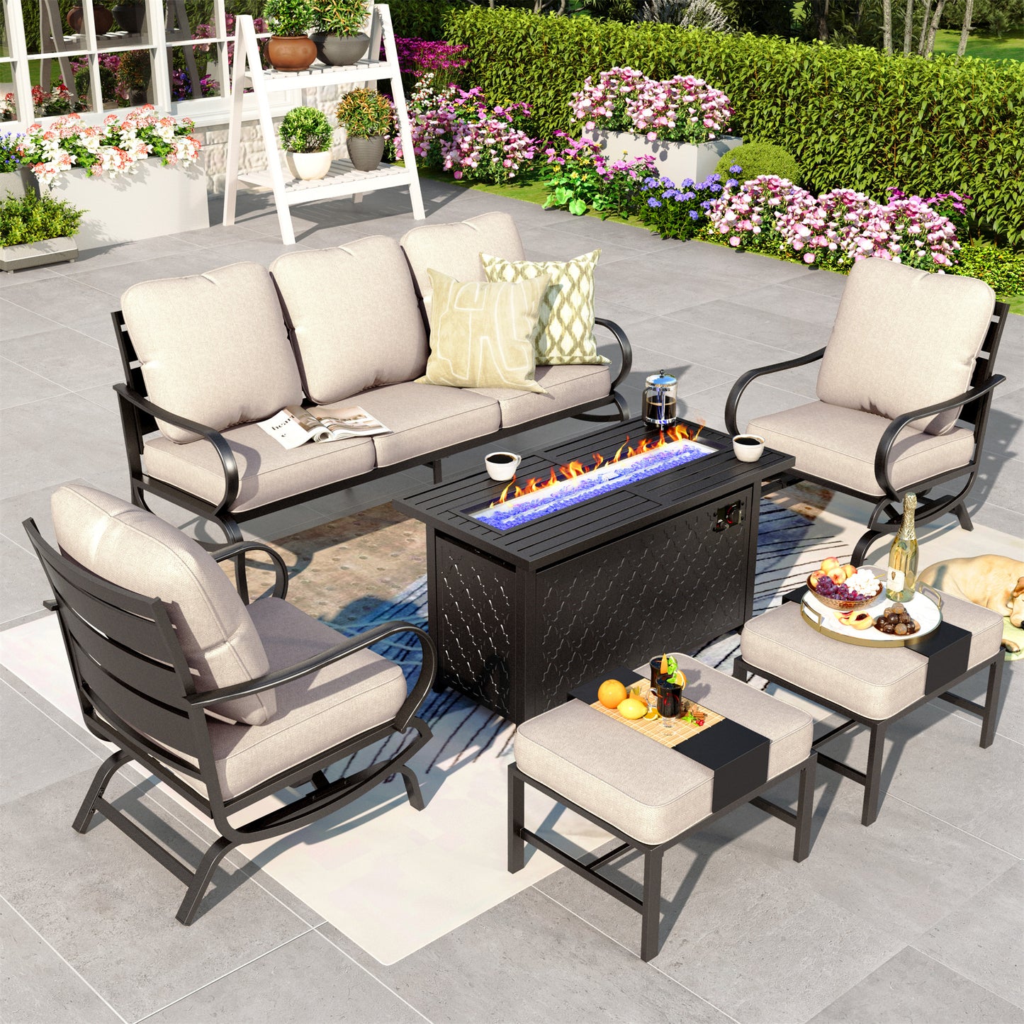 Summit Living 6 Pieces Patio Conversation Set with 45" Rectangle Fire Pit, Outdoor Metal Furniture Sofa for 7 Person, Beige Cushions