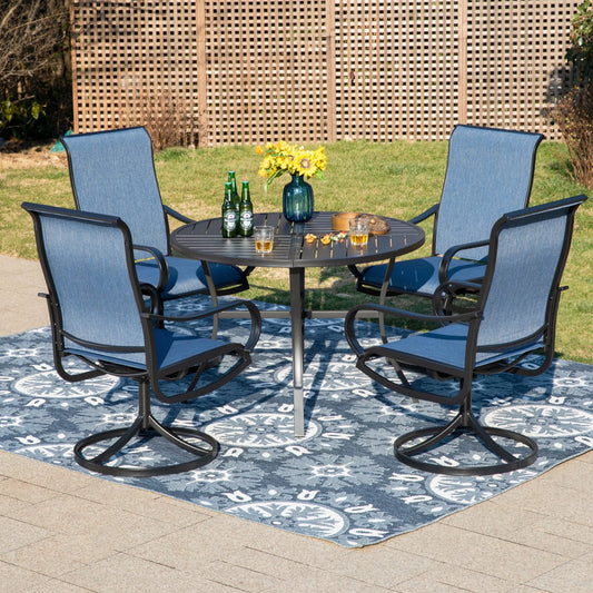 MF Studio 5-Piece Outdoor Patio Dining Set with High-Back Swivel Sling Chairs & Round Table for 4-Person, Textilene Seat, Black & Blue