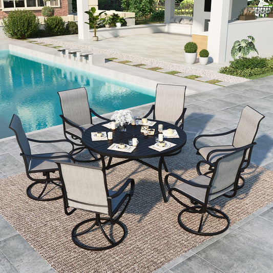 MF Studio 7-Piece Outdoor Patio Dining Set with Swivel Textilene Chairs & Large Round Table for 6-Person, Black & Brown-Gray