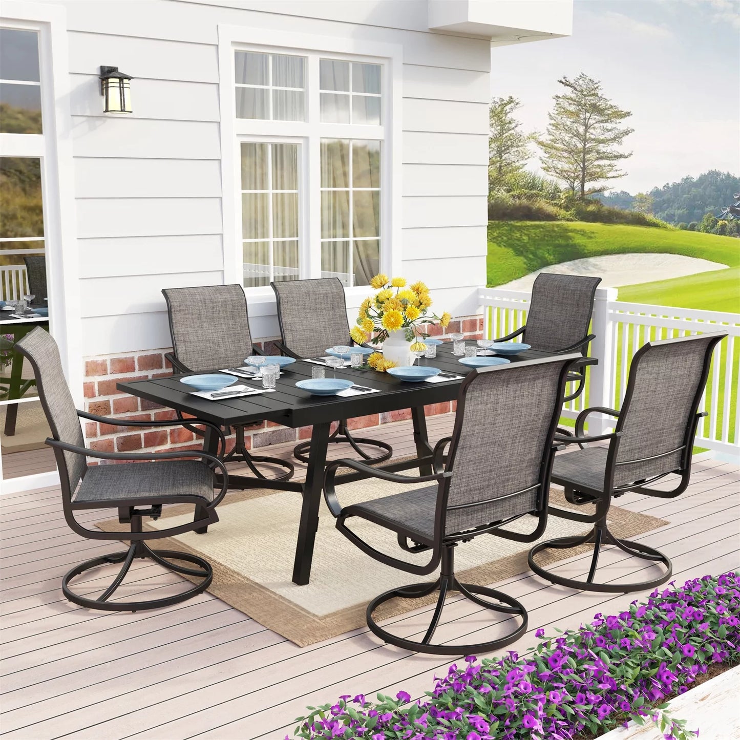 MF Studio 7-Piece Metal Patio Dining Set with Expandable Table & 6 Chairs, Black