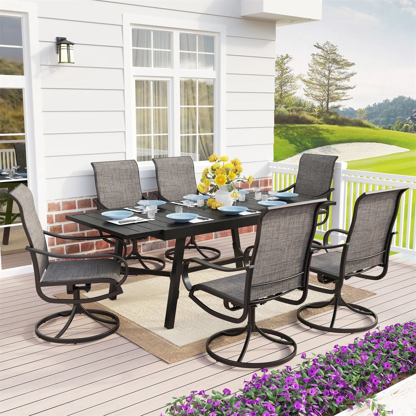 MF Studio 6 Seat Metal Outdoor Patio Dining Set with Expandable Table & 6 Swivel Textilene Chairs, Black & Gray-Brown