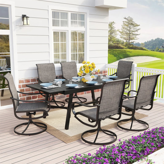 MF Studio 6 Seat Metal Outdoor Patio Dining Set with Expandable Table & 6 Swivel Textilene Chairs, Black & Gray-Brown