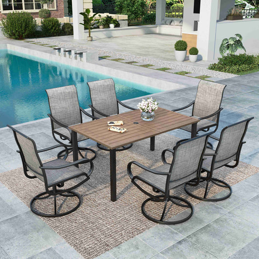 MF Studio 7-Piece Metal Outdoor Patio Dining Set, 6 Textilene Swivel Patio Chairs & 1 Wood-look Top Table, Brown-Gray & Teak Color