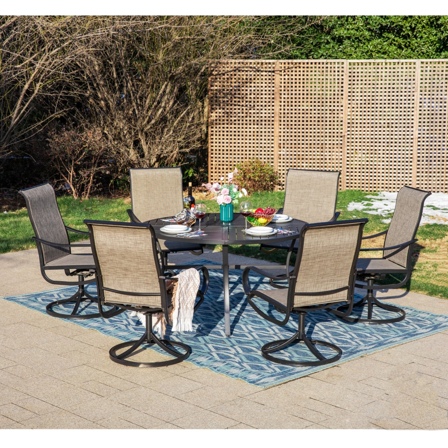 MF Studio 7-Piece Outdoor Patio Dining Set with Swivel Textilene Chairs & Large Round Table for 6-Person, Black & Gray