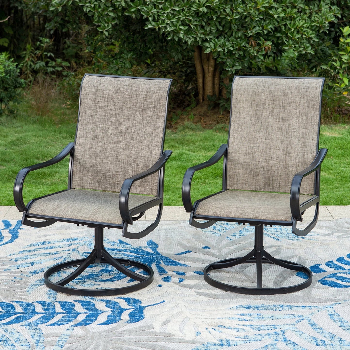 MF Studio 2 Pieces Swivel Outdoor Patio Dining Chairs, Steel Frame with Breathable Textilene Fabric Patio Chairs, Black & Gray-Brown