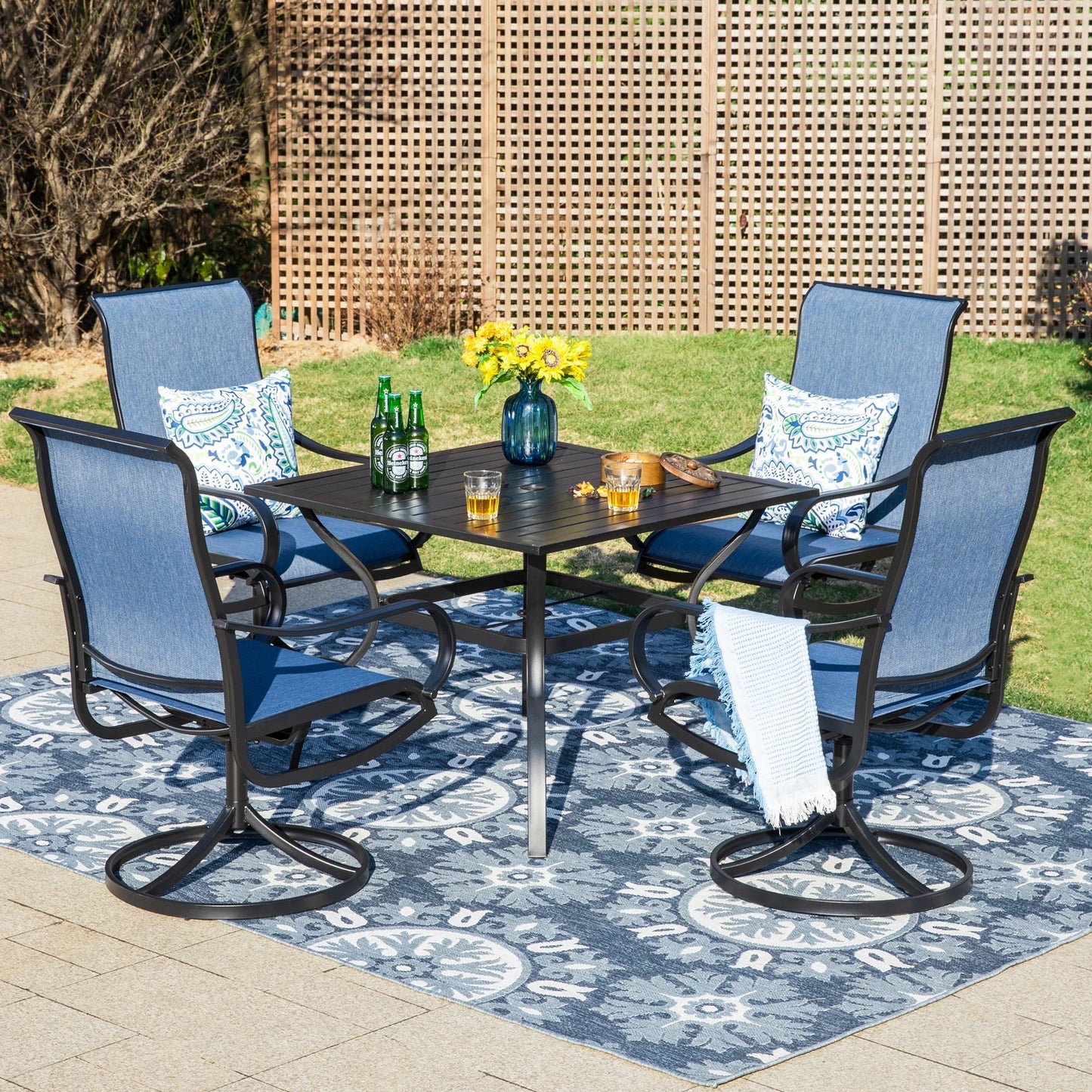 MF Studio 5-Piece Outdoor Patio Dining Set with High-Back Swivel Sling Chairs & Square Table with Umbrella Hole for 4-Person, Black & Blue