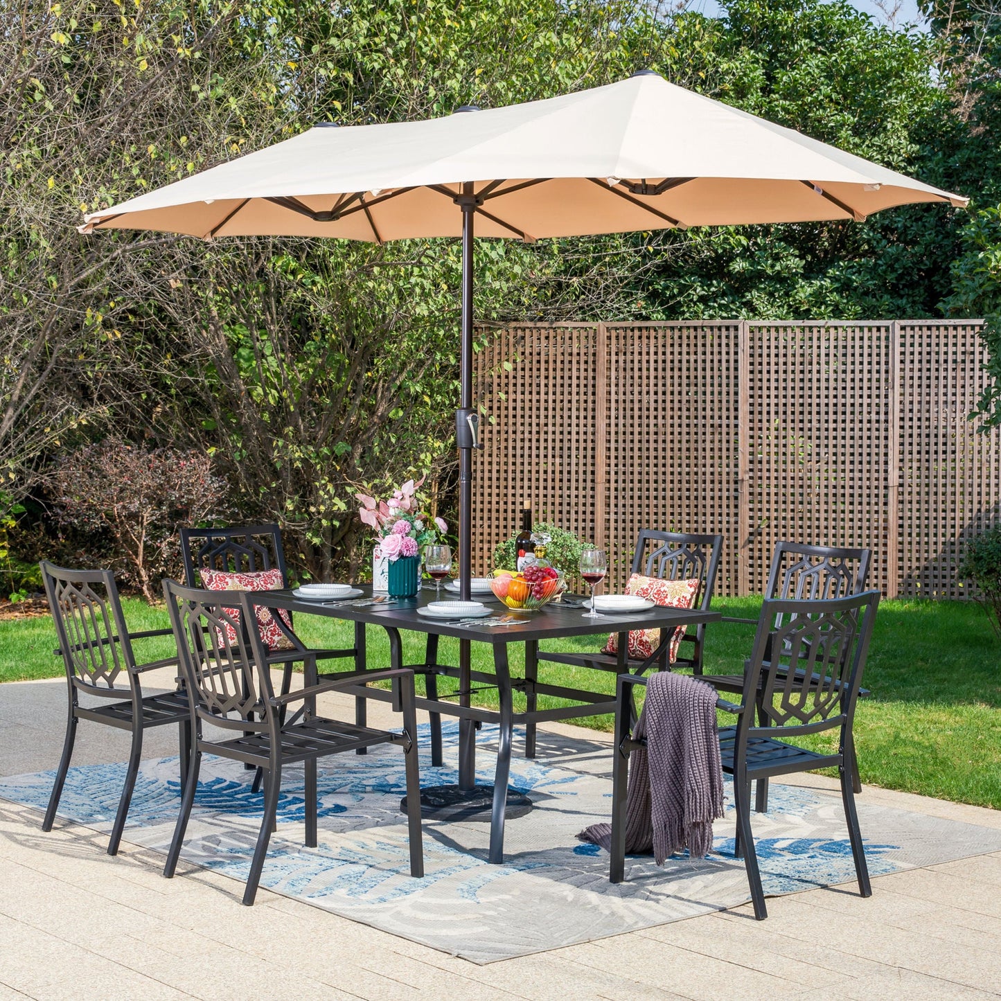 MF Studio Set of 8 Outdoor Dining Set with 13 ft Double-Sided Umbrella, Stacking Chairs & 6-Person Table, Geometric Back, Black Metal Frame & Beige Umbrella