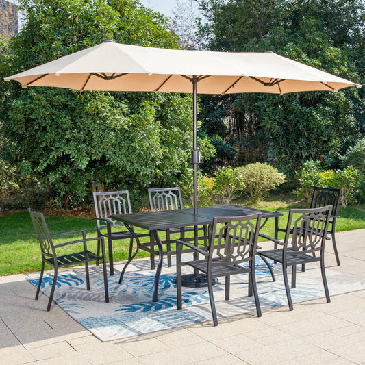 MF Studio 8 Piece Outdoor Dining Set with 13 ft Umbrella, All-Weather Metal Steel Furniture, Black & Beige