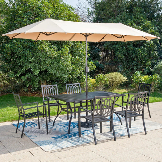 MF Studio 8-Piece Outdoor Dining Set with 13 ft Umbrella, 6 Stack-able Chairs & 6-Seat Table, All-Weather Heavy-Duty Metal Furniture Set, Black & Beige