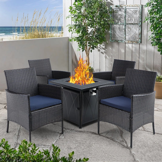 MF Studio 5 PCS Outdoor Patio Furniture Set with 28-inch 50,000 BTU Fire Pit Table Patio Conversation Set with Navy Blue Cushions