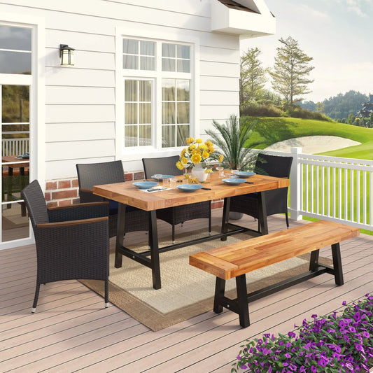 MF Studio 6 Pieces Outdoor Patio Dining Set, 4 Cushioned Wicker Chairs & 1 Acacia Wood Table & 1 Wooden Bench