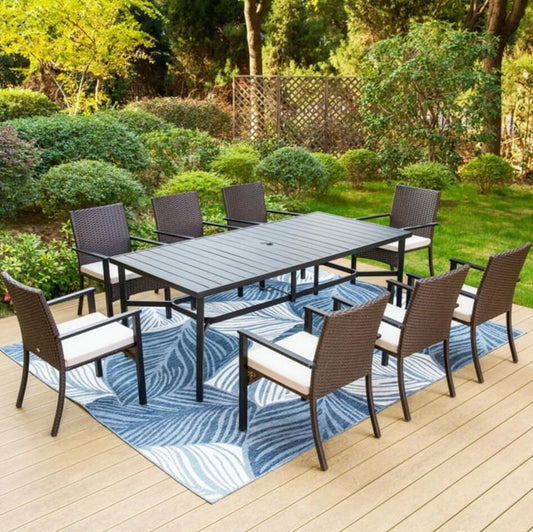 MF Studio Outdoor Patio Dining Set with 8 Wicker Cushioned Chairs & 83" x 40" Large Table for 8-Person, Black & Dark Brown