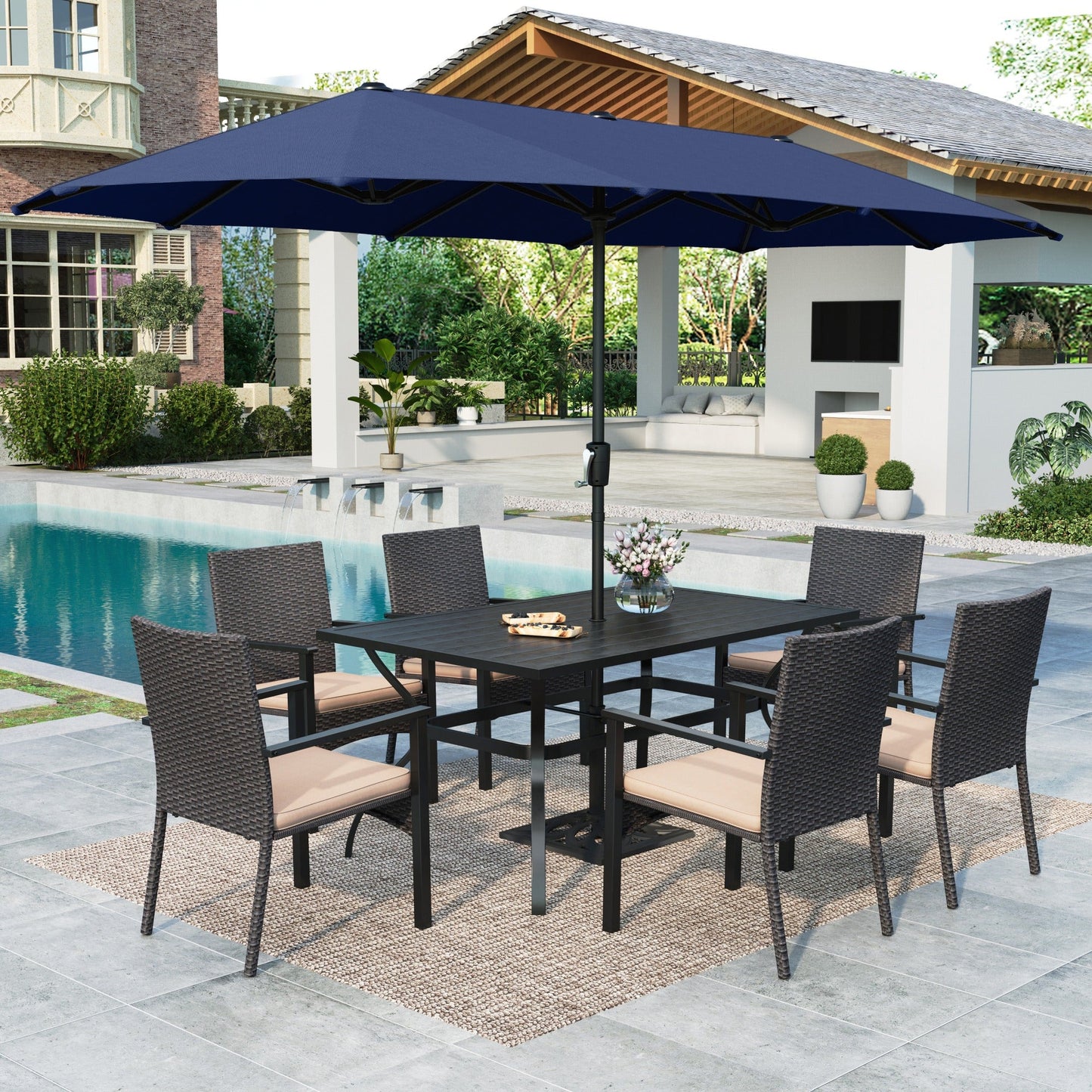 MF Studio 8 Pieces Outdoor Dining Set with 13ft Navy Blue Umbrella, 6 Rattan Chairs and Rectangular Table