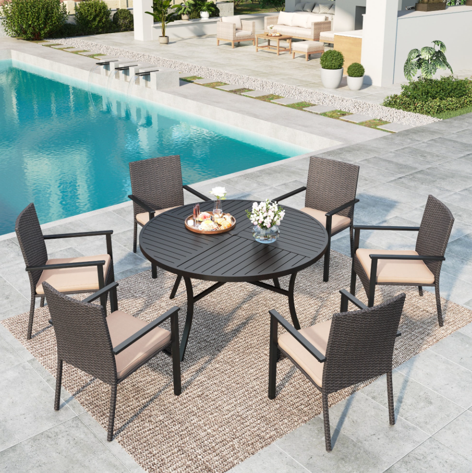 MF Studio 7-Piece Outdoor Patio Wicker Dining Set with Large Round Table & Rattan Cushion Padded Chairs, Dark Brown&Beige