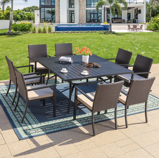 MF Studio 9-Piece Outdoor Patio Dining Set with Large Square Table and Wicker Chairs for 8-Person