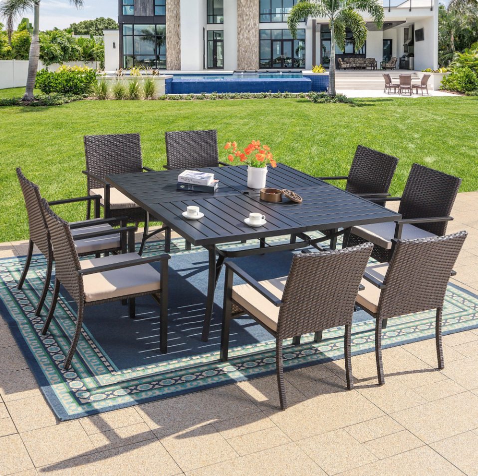 MF Studio 9-Piece Outdoor Dining Set with Large Square Metal Table and Wicker Chairs for 8