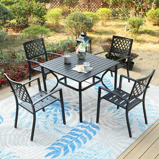 MF Studio 5-Piece Outdoor Dining Set with 4 Stacking Armchairs & 1 Square Table with Umbrella Hole, Black