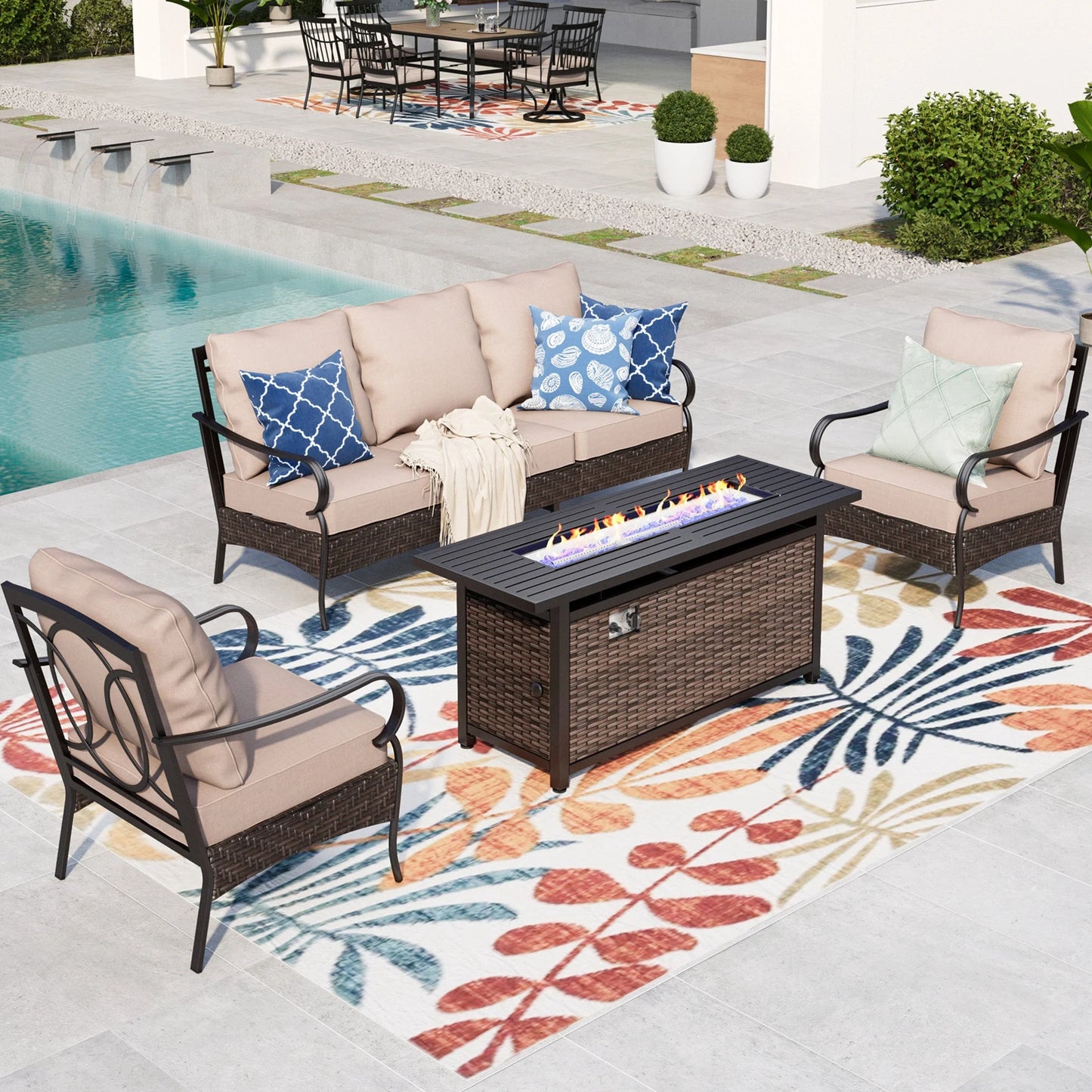 Summit Living 5-Seat Patio Wicker Conversation Set with 3-Seat Sofa, 2 Club Chairs & 50000 BTU Fire Pit Table, Black Steel Frame & Beige Cushions