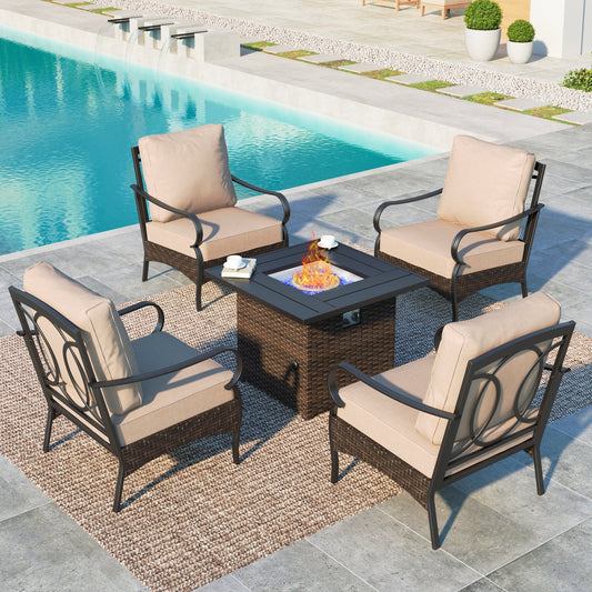 MF Studio 5-Piece Outdoor Fire Pit Set, Patio Conversation Set with Wicker Steel Chair & 50000 BTU Fire Table, Black Frame & Beige Cushions