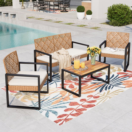 Summit Living 4-Piece Patio Conversation Set, All Weather Wicker Furniture Set, Brown & Beige