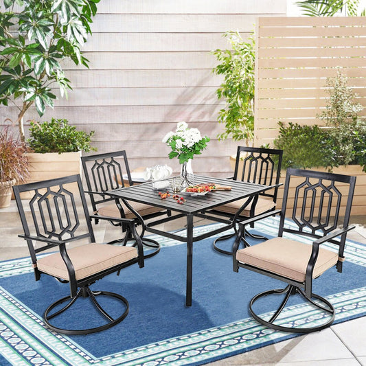 MF Studio 5-Piece Outdoor Patio Dining Set with 4 Swivel Chairs, All Weather Furniture Set with Cushion, Black & Beige