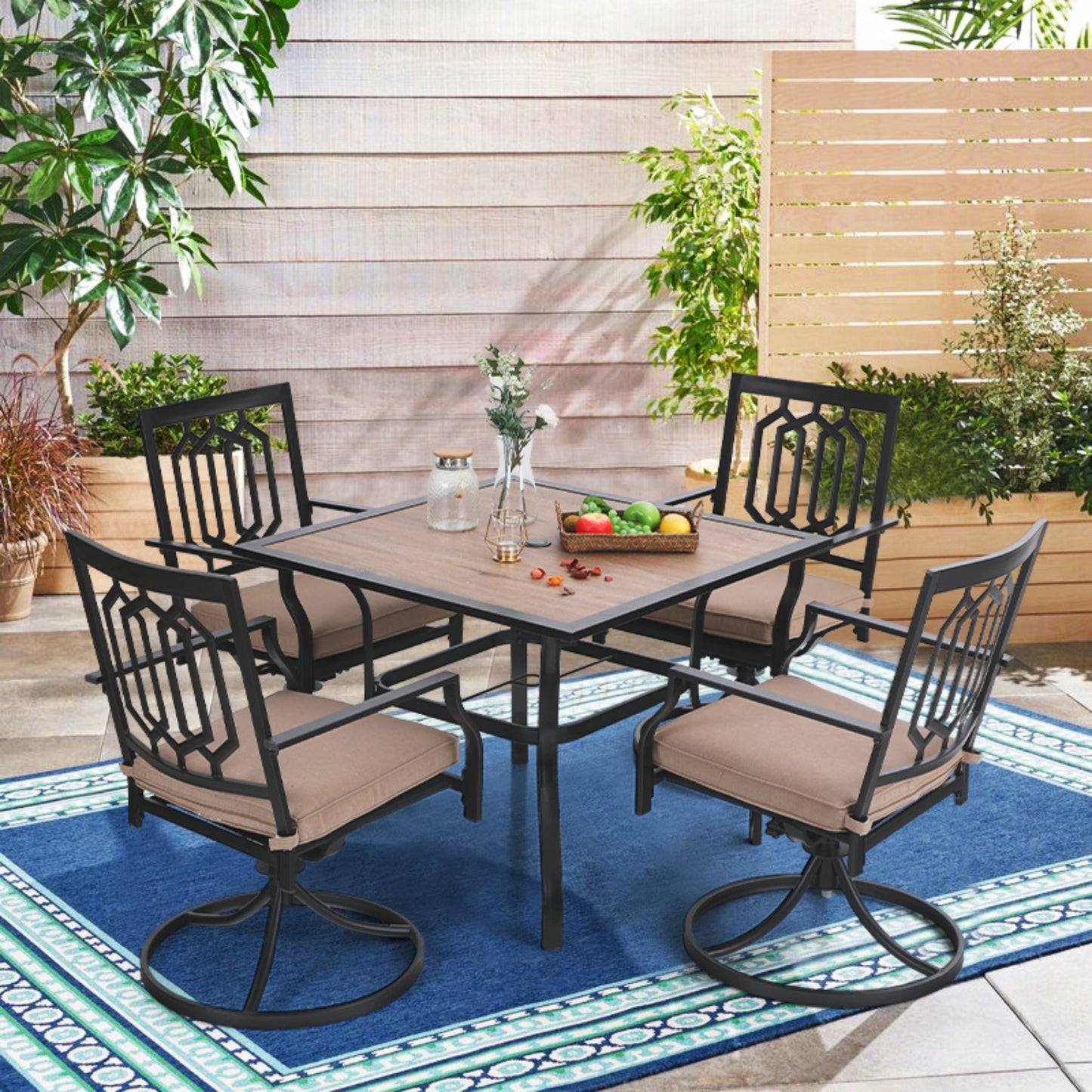 MF Studio 5-Piece Outdoor Patio Dining Set with 4 PCS Swivel Padded Chairs & 1 PC Square Wood-like Table, Beige Cushion