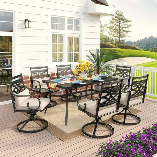 MF Studio 7-Piece Outdoor Patio Dining Set with Metal Dining Rectangle Table & 6 Pieces Swivel Chairs with Cushions & Headrests