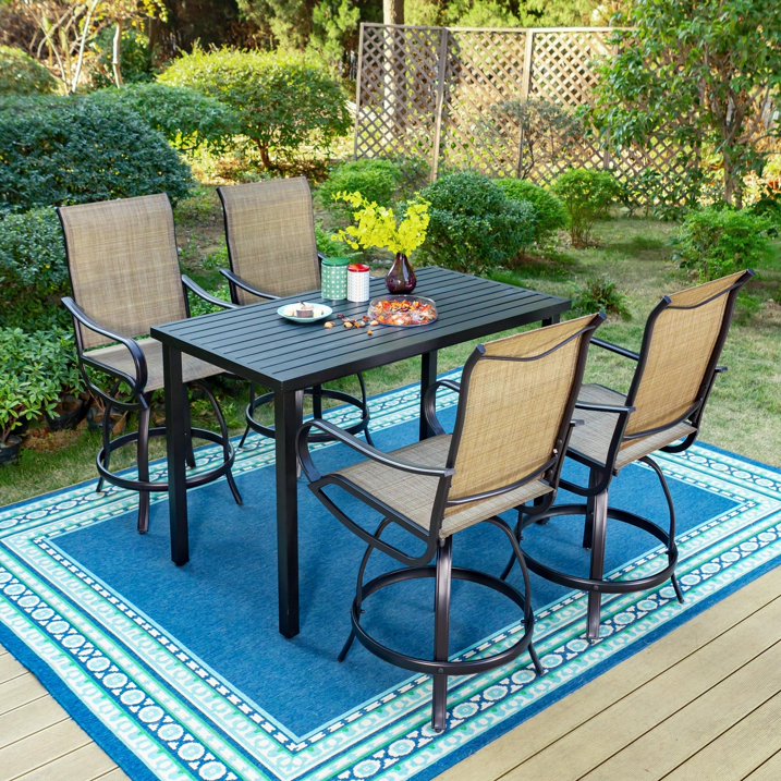 MF Studio 5-Piece All Weather Outdoor Bar Stool Set with Rectangle Counter Height Table & Patio Swivel Bar Chairs for 4 Person, Black & Brown